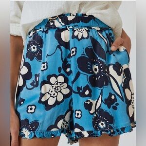 Anthropologie Maeve Silky Ruffle Shorts in Blue Floral. Size Small.